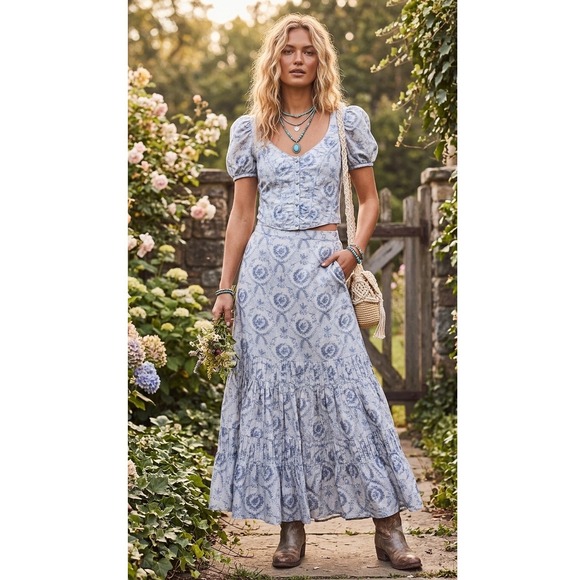 LoveShackFancy Dresses & Skirts - LoveShackFancy Blue Floral Toile Tiered Maxi Skirt Pockets Boho Cottagecore S